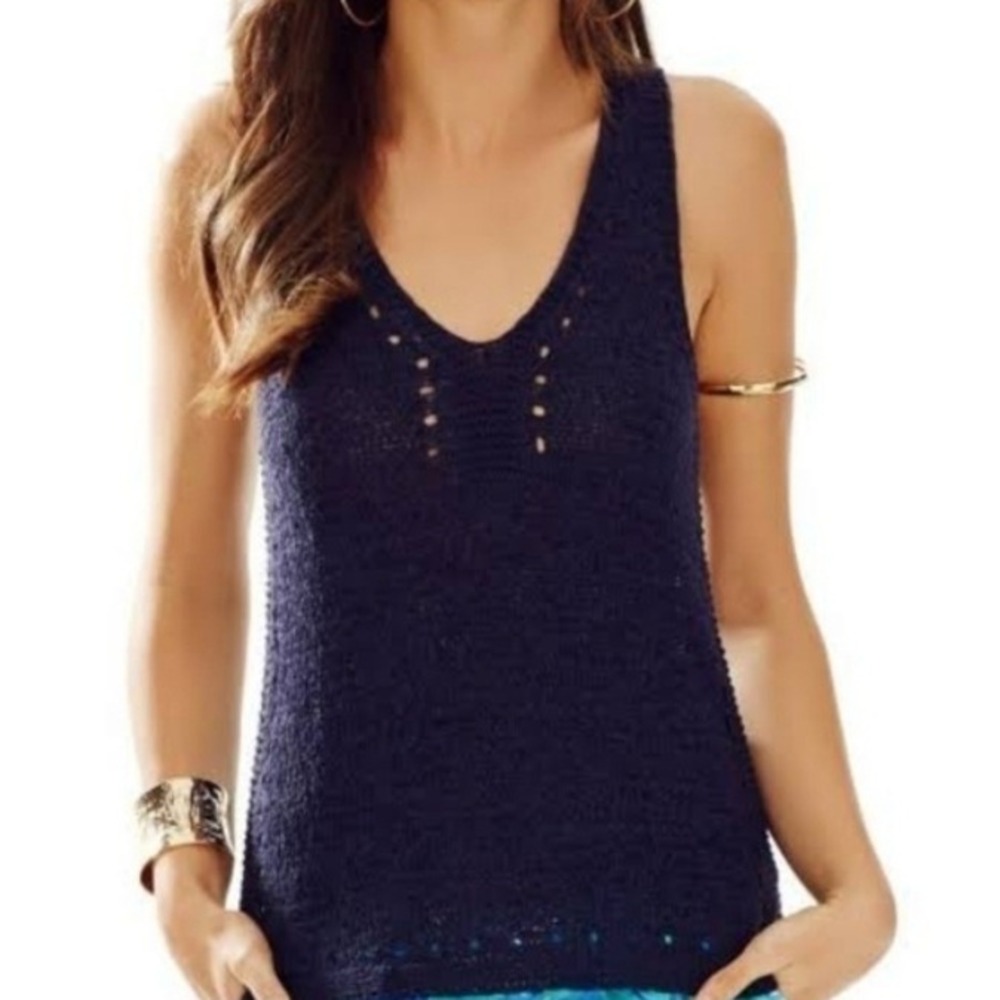 Lilly‎ Pulitzer Vest Womens Medium Blue Crochet Beachy Coastal Quiet Luxury